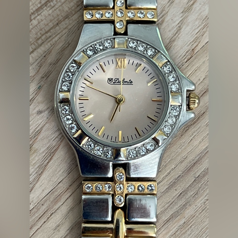 Dufonte Ladies Watch Crystal Embellishments Light Gold Dial Two Tone Bracelet